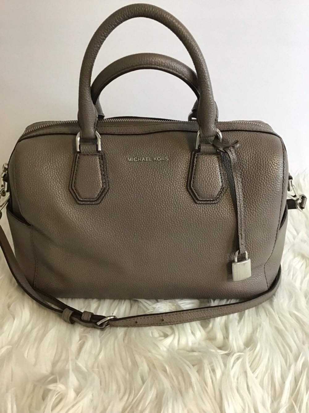 Michael Kors Arielle Barolo Pebbled Leather Top Handle Satchel Taupe Crossbody